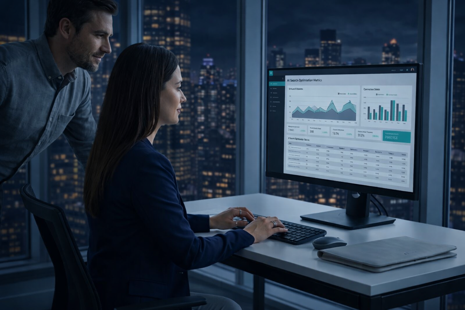 Woman and man analyze data on a computer monitor in an office with a city skyline view.