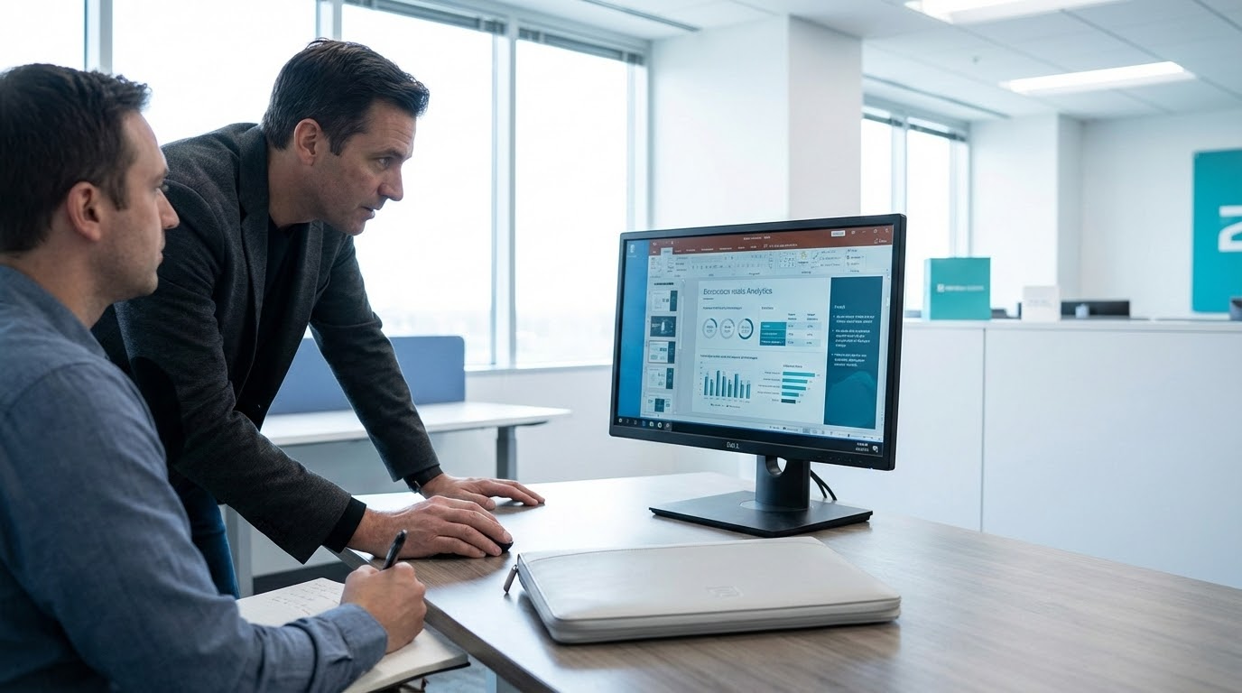 Two men in office looking at a computer screen displaying a presentation, one pointing and discussing, other taking notes.