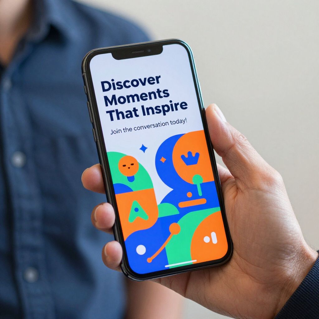 A hand holding a smartphone displaying an app with the text 