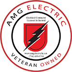 AMG Electric logo: red, white, and black circle with lightning bolt shield and “Veteran Owned” text.