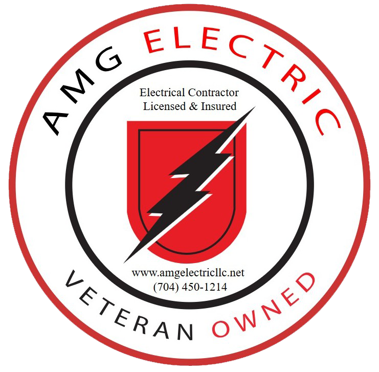AMG Electric logo: Red and black circle with text, lightning bolt on a shield, 