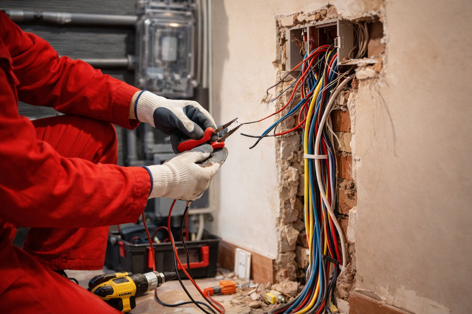 Electrician in blue hard hat, wiring an outlet. Wearing gloves, using a drill, inside a building.