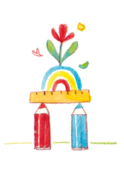 Un crayon rouge et un crayon bleu soutiennent une règle, surmontés d'un arc-en-ciel, d'une fleur et de formes flottantes.