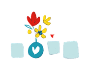 Vase de fleurs aux pétales rouges et jaunes et aux feuilles bleues. Vase bleu orné d'un cœur et de carrés bleus en dessous.