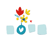 Vase de fleurs aux pétales rouges et jaunes et aux feuilles bleues. Vase bleu orné d'un cœur et de carrés bleus en dessous.