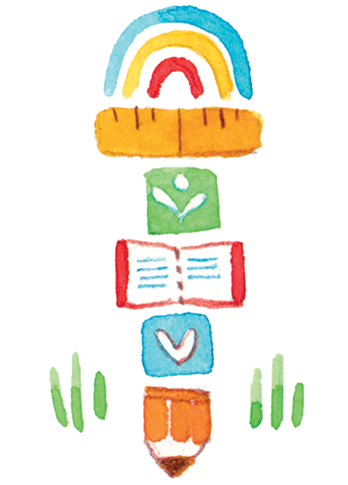 Ensemble d'aquarelles : arc-en-ciel, règle, plante, livre, cœur, crayon. Touches de vert.