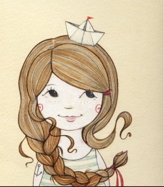 Jeune fille aux tresses brunes, coiffée d'un chapeau en forme de bateau en papier. Elle porte un haut rayé.