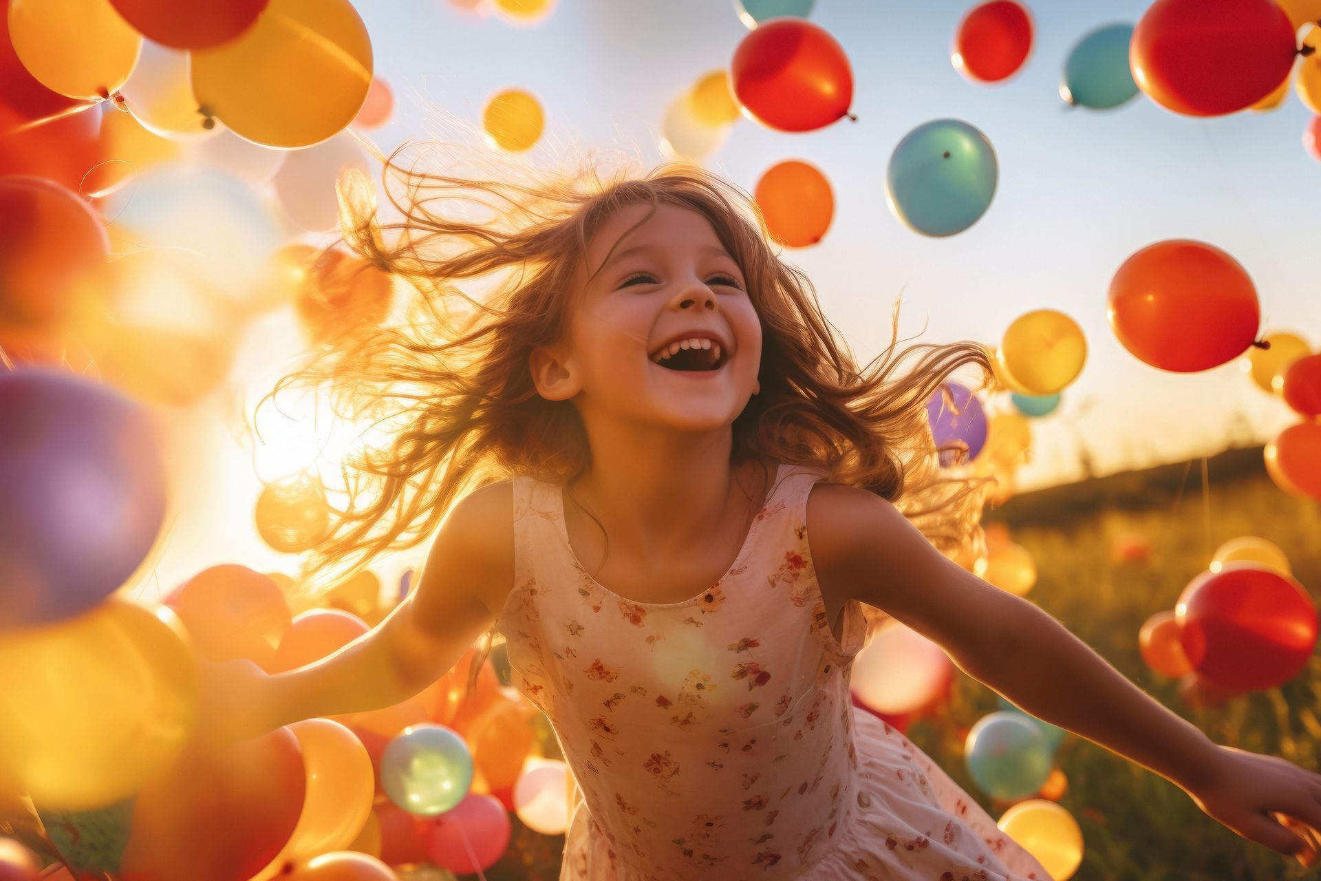 Une jeune fille rit, les bras écartés, au milieu de ballons colorés dans un champ ensoleillé.