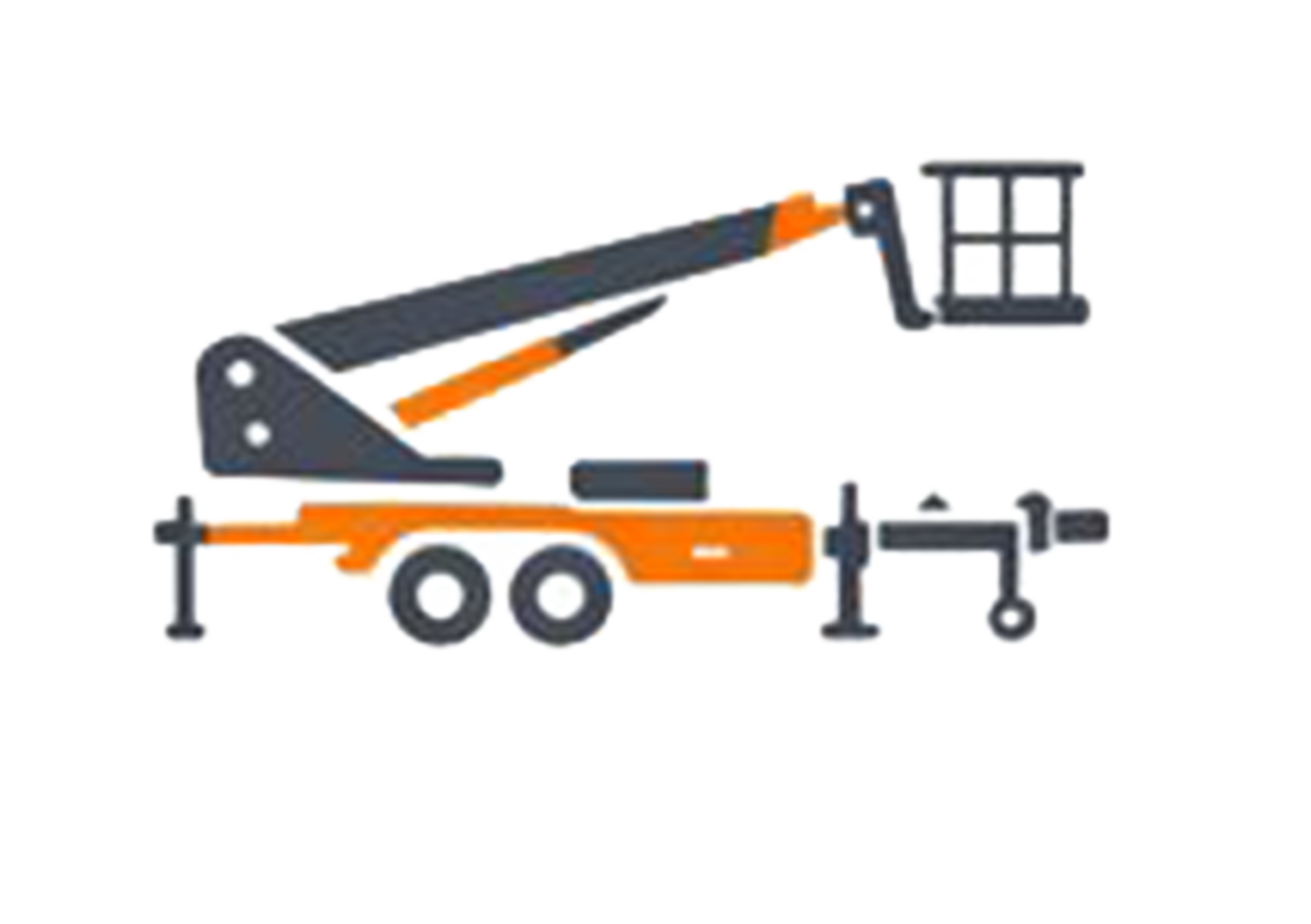 Orange und graue, auf einem Anhänger montierte Hubarbeitsbühne mit verlängertem Arm und Korb.