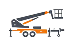 Orange und graue, auf einem Anhänger montierte Hubarbeitsbühne mit verlängertem Arm und Korb.