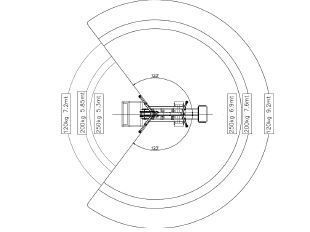 Draufsicht auf einen Baukran mit kreisförmigen Tragfähigkeitszonen, die nach Gewicht und Radius beschriftet sind.
