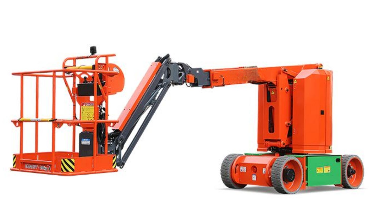 Orange und graue Gelenkteleskoparbeitsbühne mit Arbeitsplattform auf weißem Hintergrund.