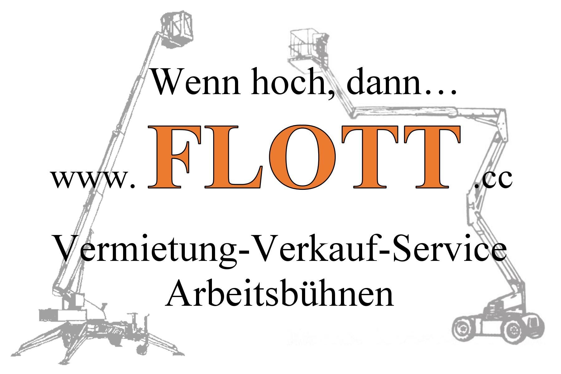 FLOTT in orangefarbenen Buchstaben auf weißem Hintergrund.