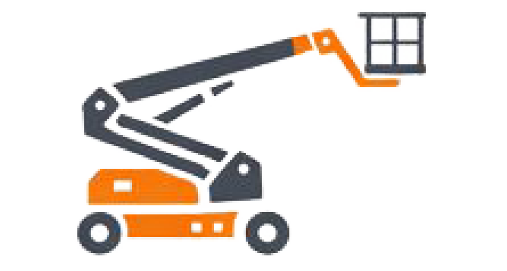 Orange und graue Gelenkteleskoparbeitsbühne mit erhöhter Plattform.