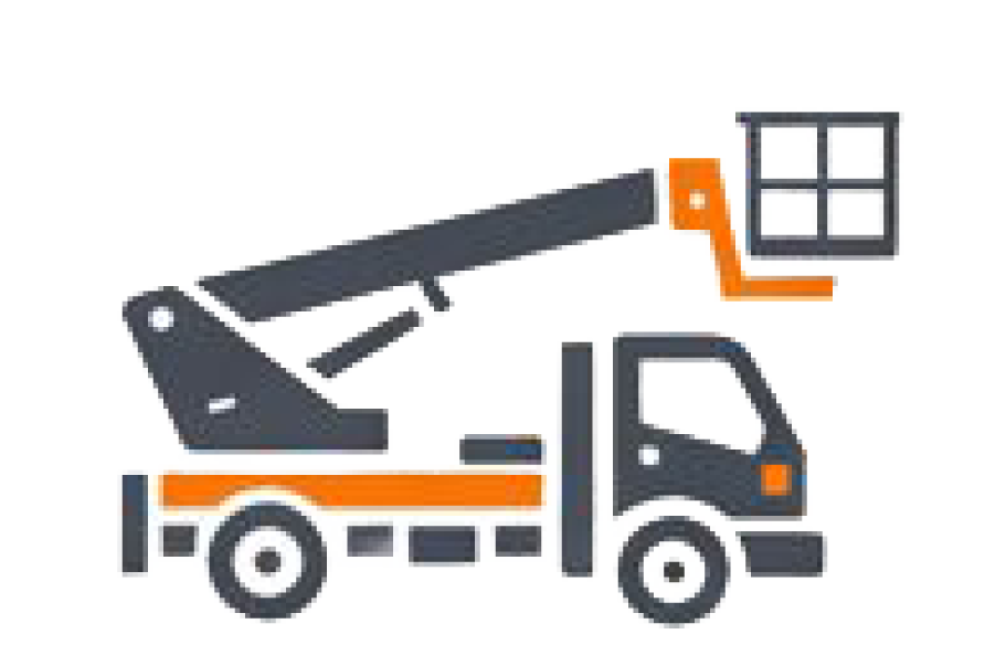 LKW mit verlängerter orange-grauer Hubarbeitsbühne.