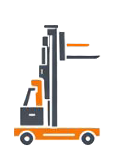 Symbol für einen orangefarbenen und grauen Gabelstapler mit ausgefahrenen Hebegabeln.