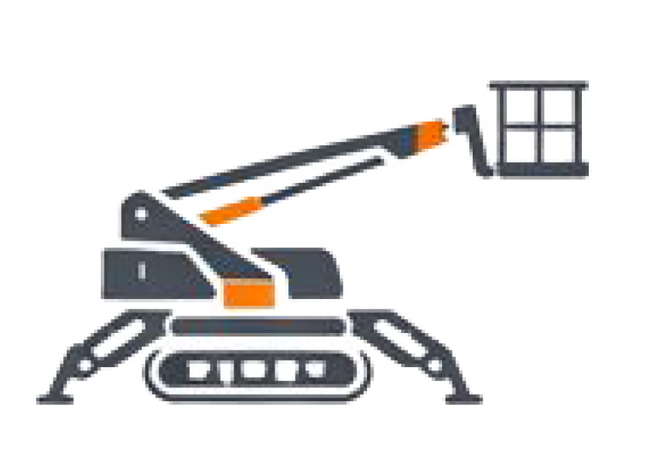 Graue und orangefarbene Spinnenaufzugsanlage mit nach oben ausgefahrenem Korb.