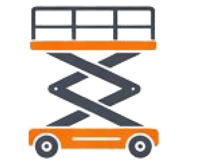 Orange und graue Scherenhebebühne mit Plattform und Sicherheitsgeländer.