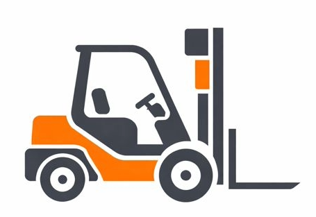 Oranger und grauer Gabelstapler mit angehobenen Gabeln.