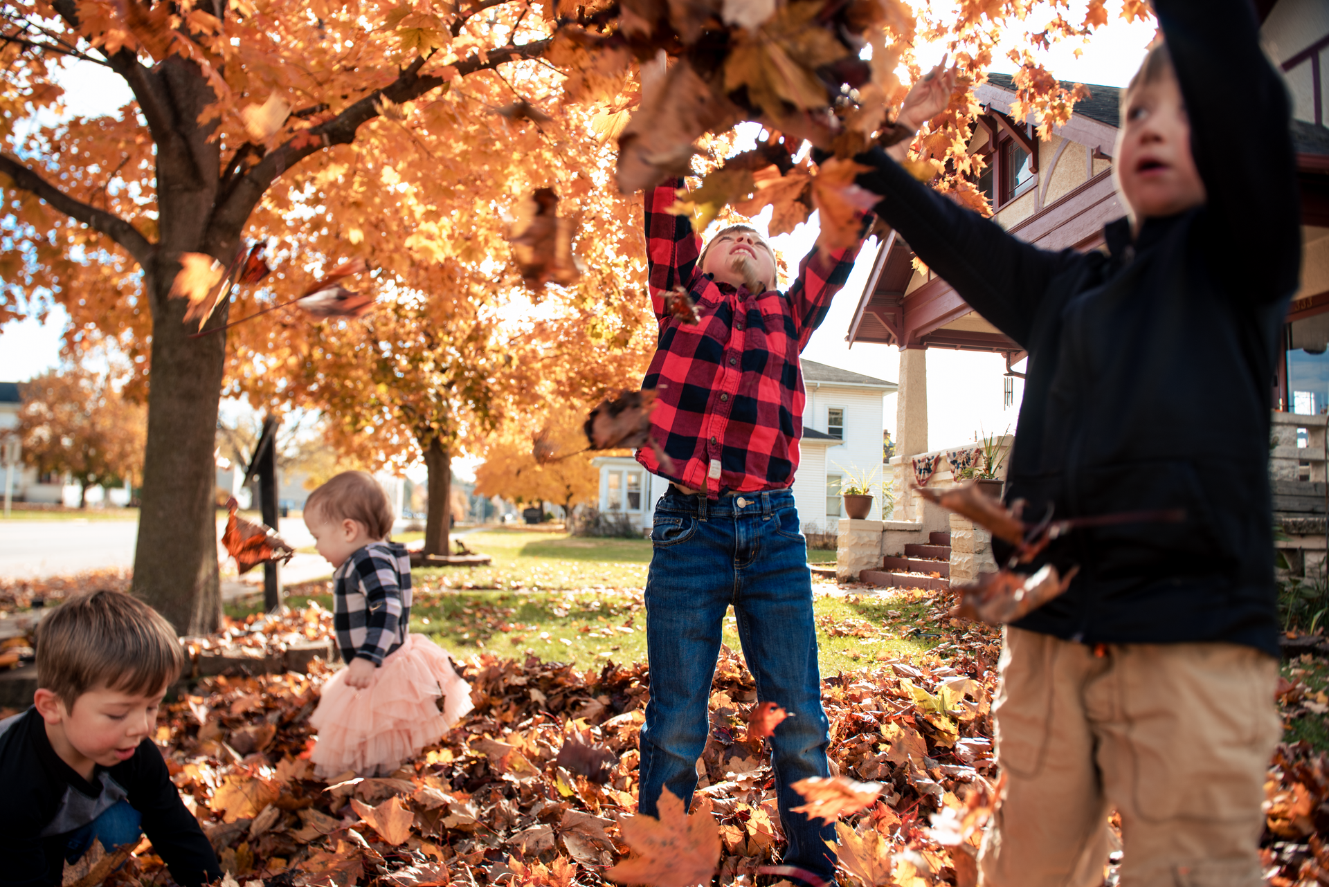 Children playing in a pile of autumn leaves; throwing leaves in the air near a house.