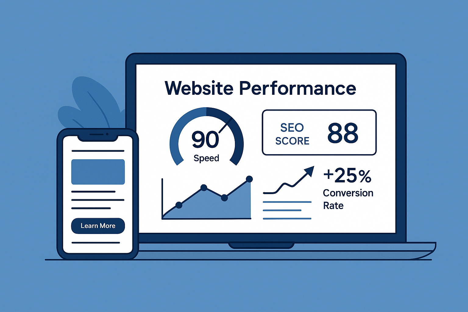 Website performance illustration showing SEO score and speed metrics – Digital8 Winnipeg Web Design