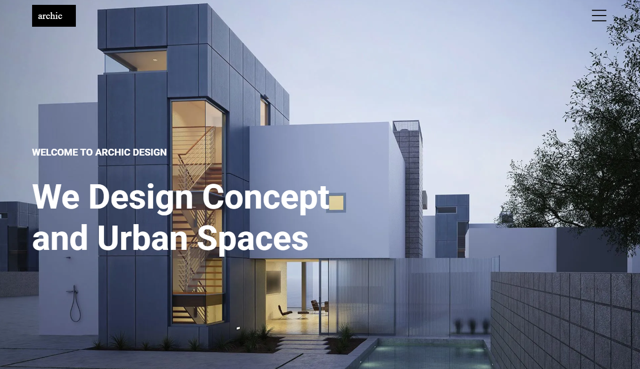 Modern architecture with blue and white building, glass entry, and text