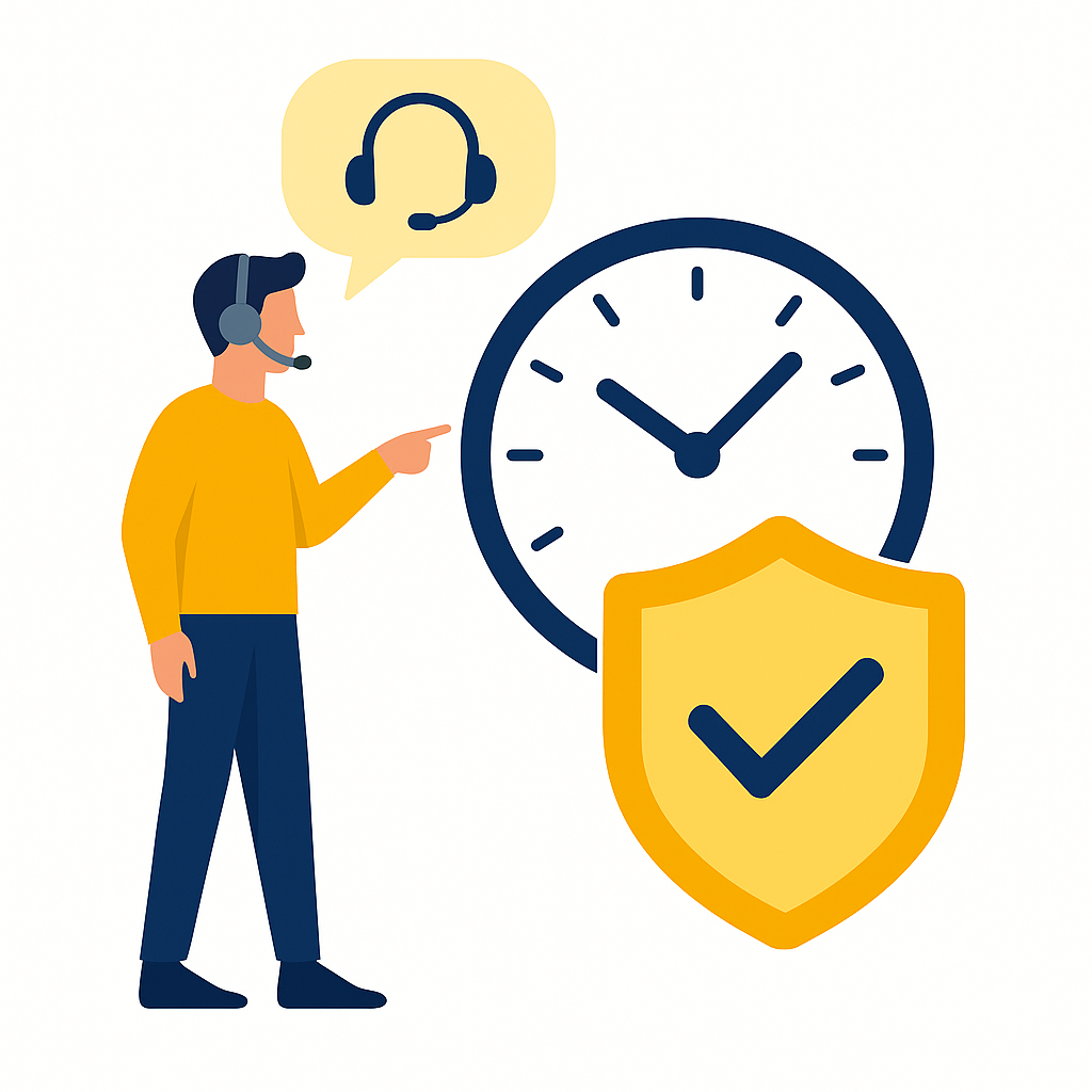 Man with headset pointing to clock and shield, indicating timely support.