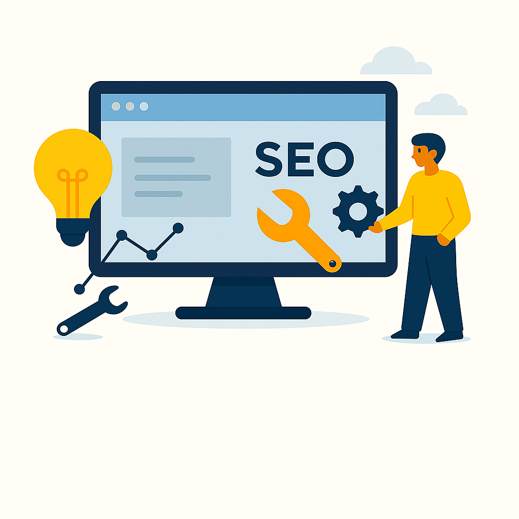 A person working on SEO optimization on a computer with a lightbulb, wrench, and gear icon.