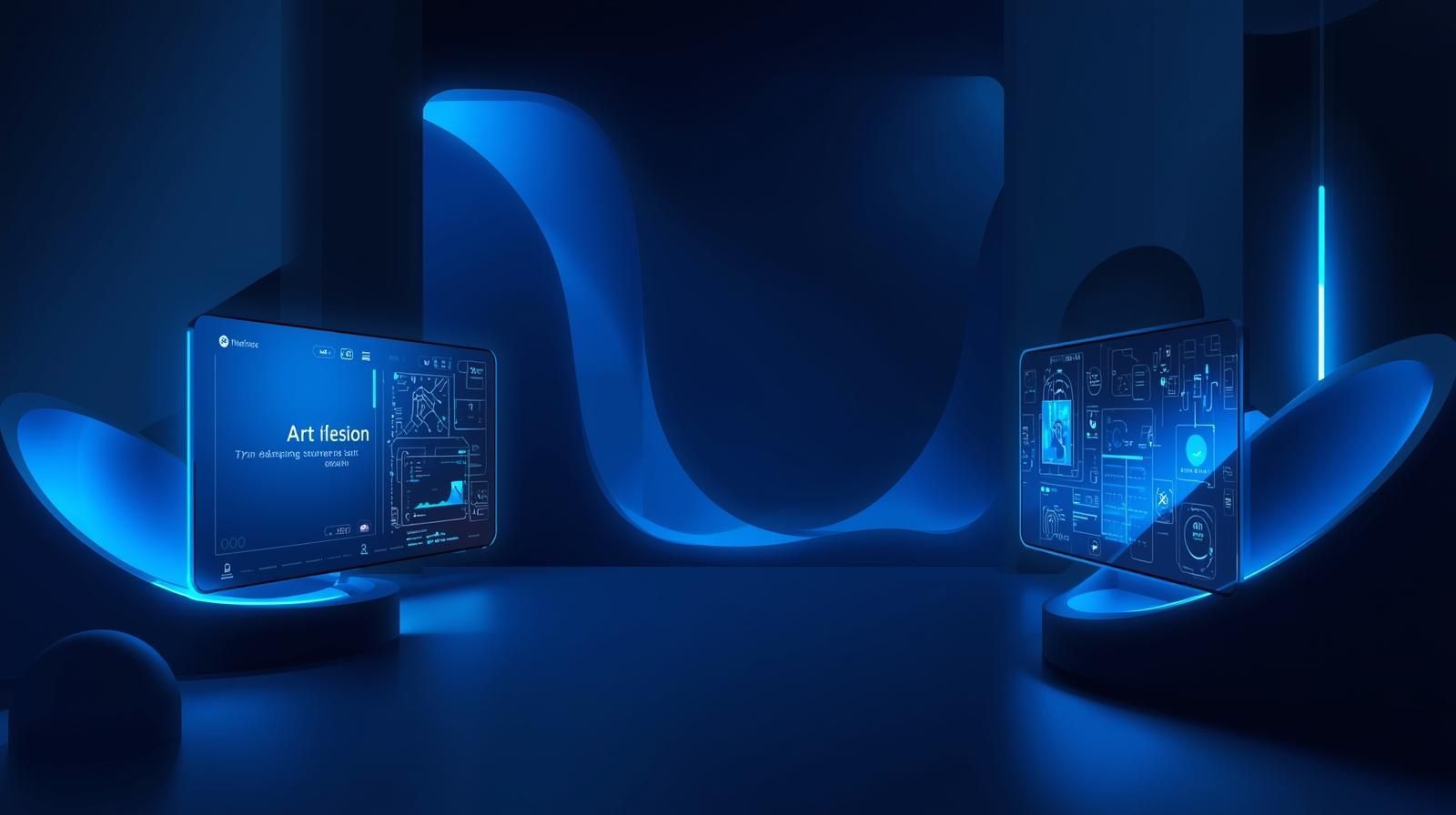 Futuristic digital workspace with blue neon accents representing Digital8 web design studio