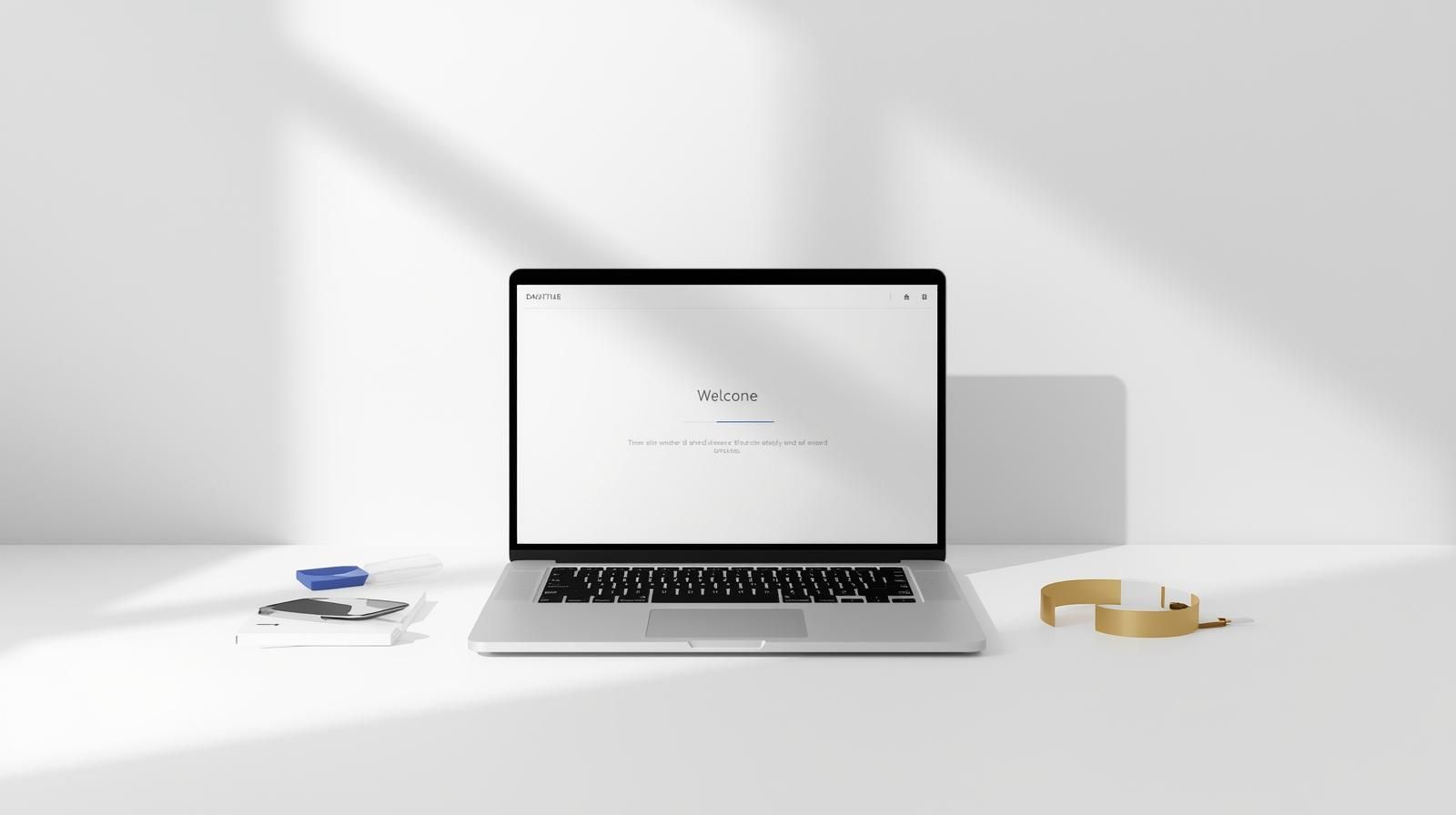 Minimalist workspace with a laptop on a clean white desk, representing modern web design simplicity.