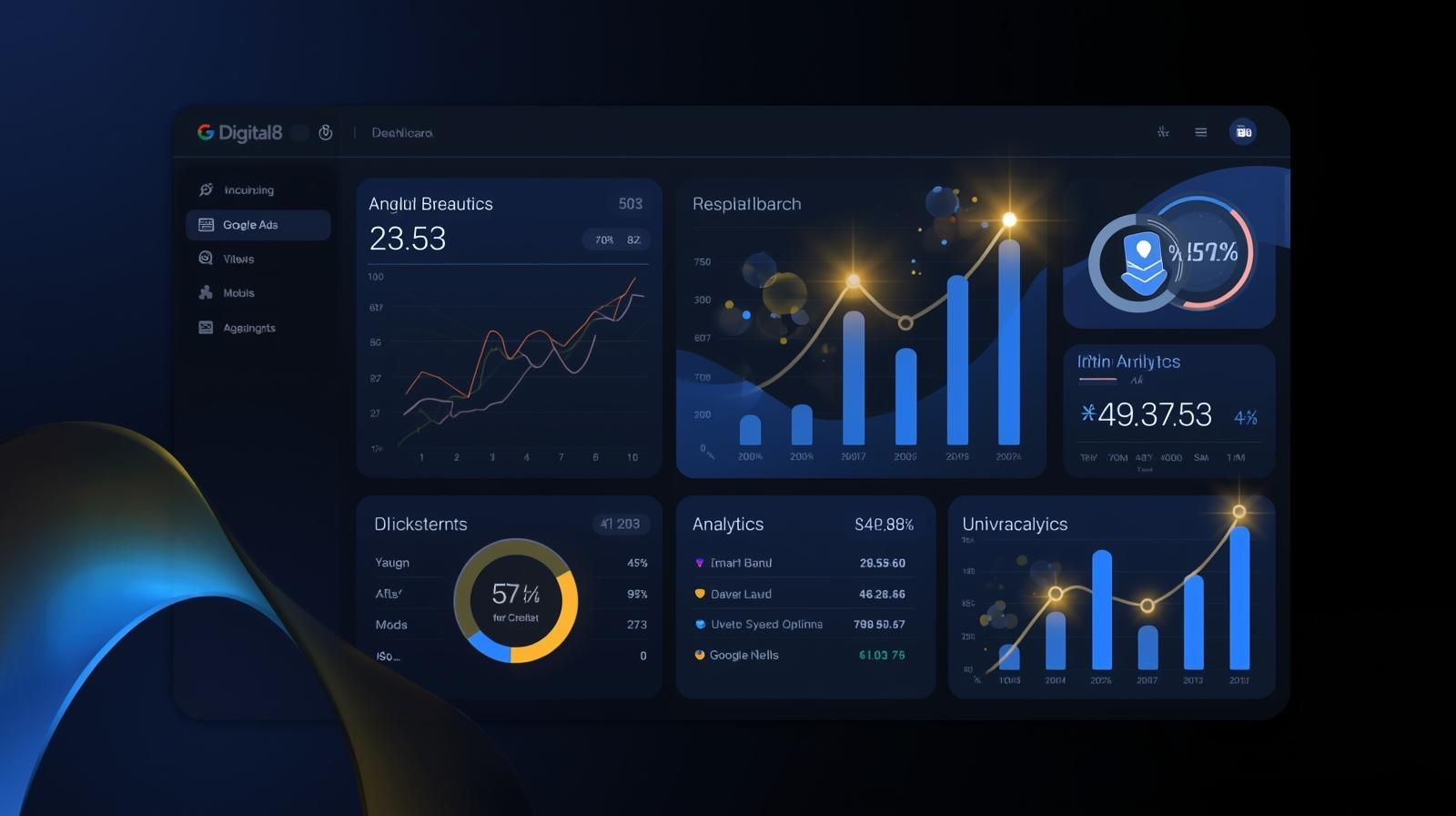Analytics dashboard showing charts and graphs for Google Ads performance and ROI tracking.