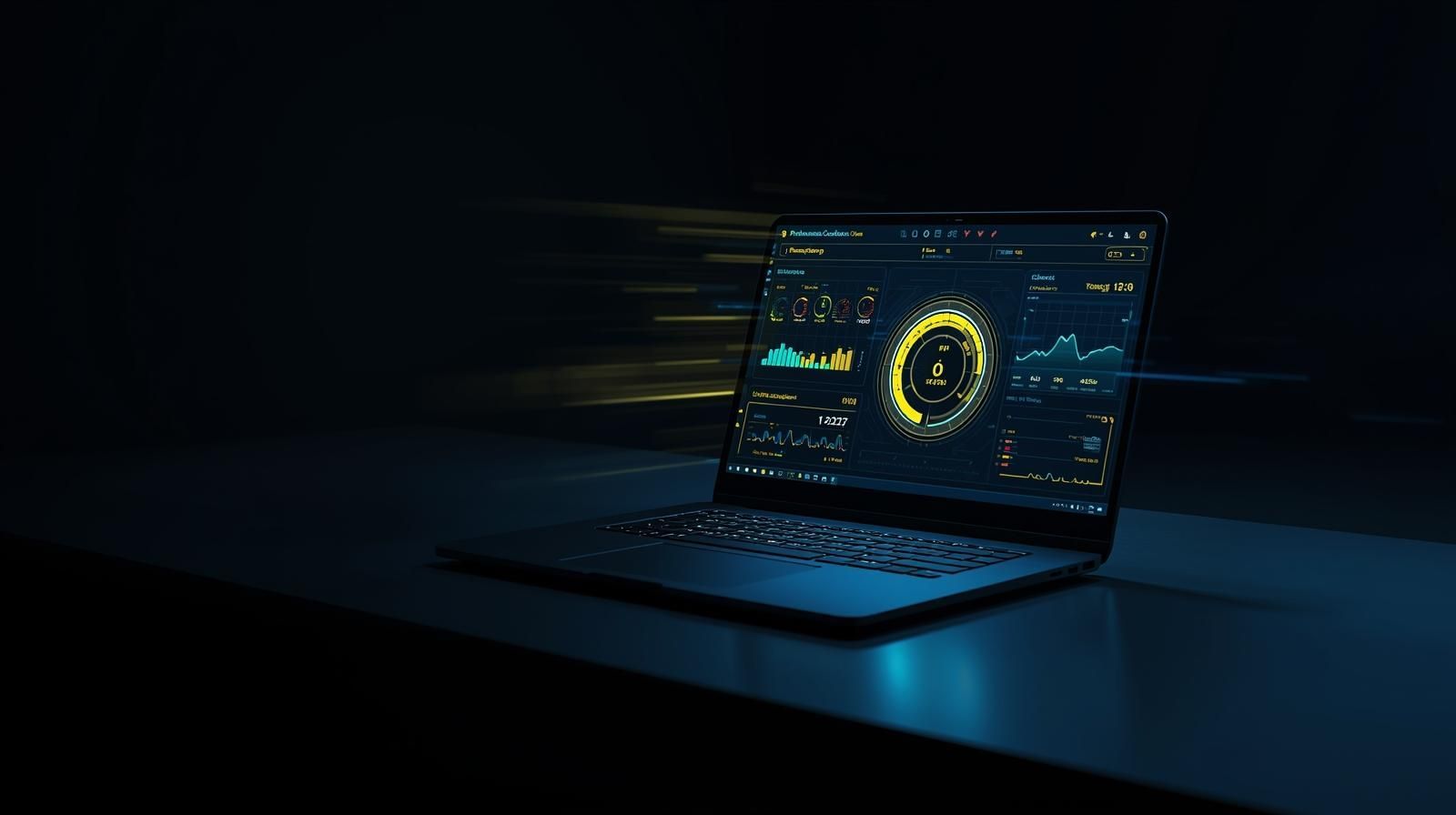 Laptop with performance dashboard showing website speed optimization metrics.