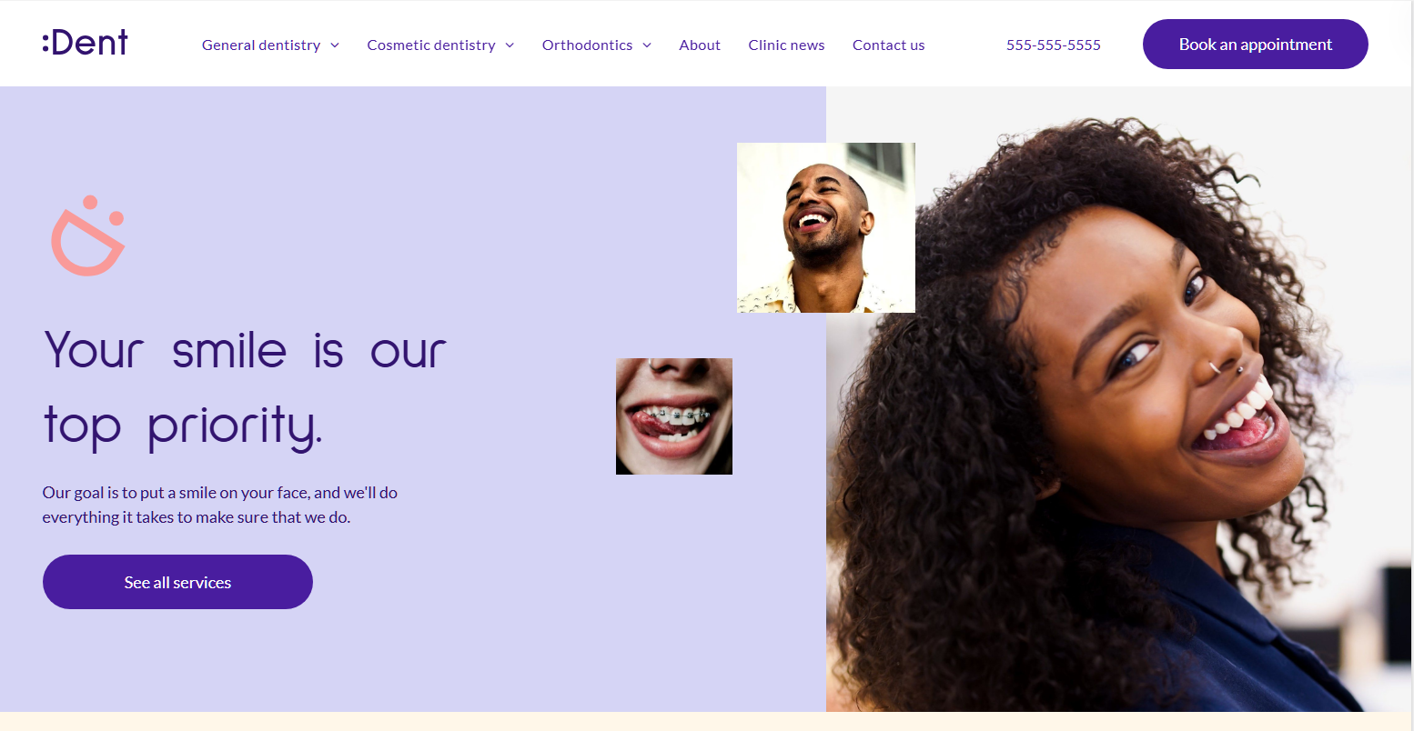 Website homepage: Woman smiling, photos of smiling patients. Purple background, call to action.