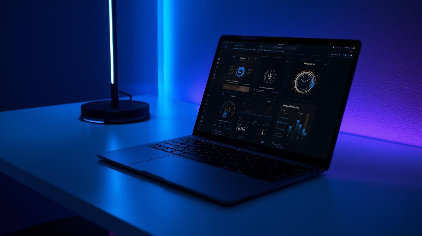 Laptop on neon-lit desk showcasing modern web dashboard