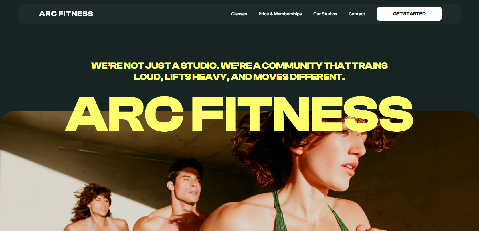 Website header for Arc Fitness. Yellow text, people in athletic wear. Dark green background.