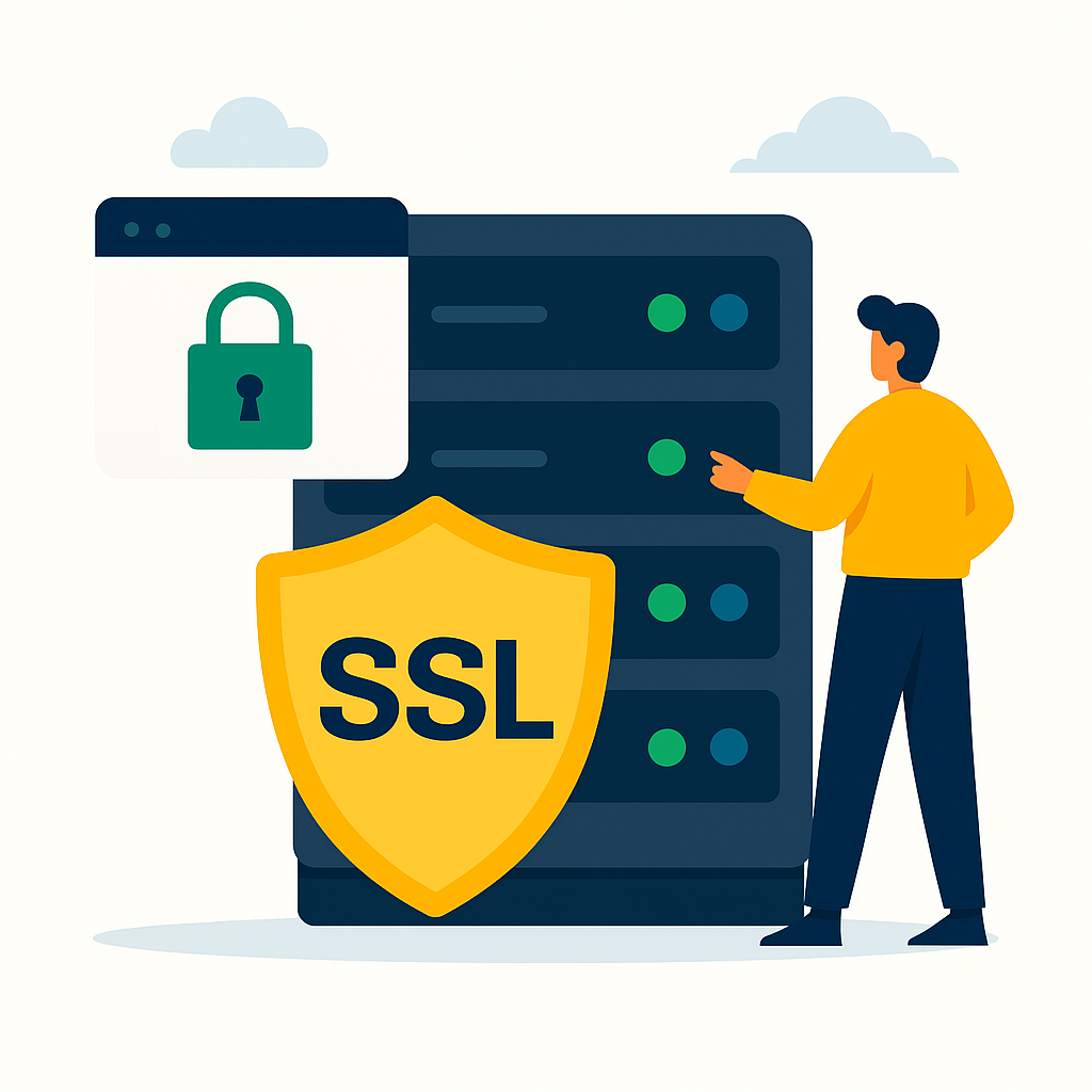 Man near a server rack with an SSL shield and a browser window showing a lock icon.