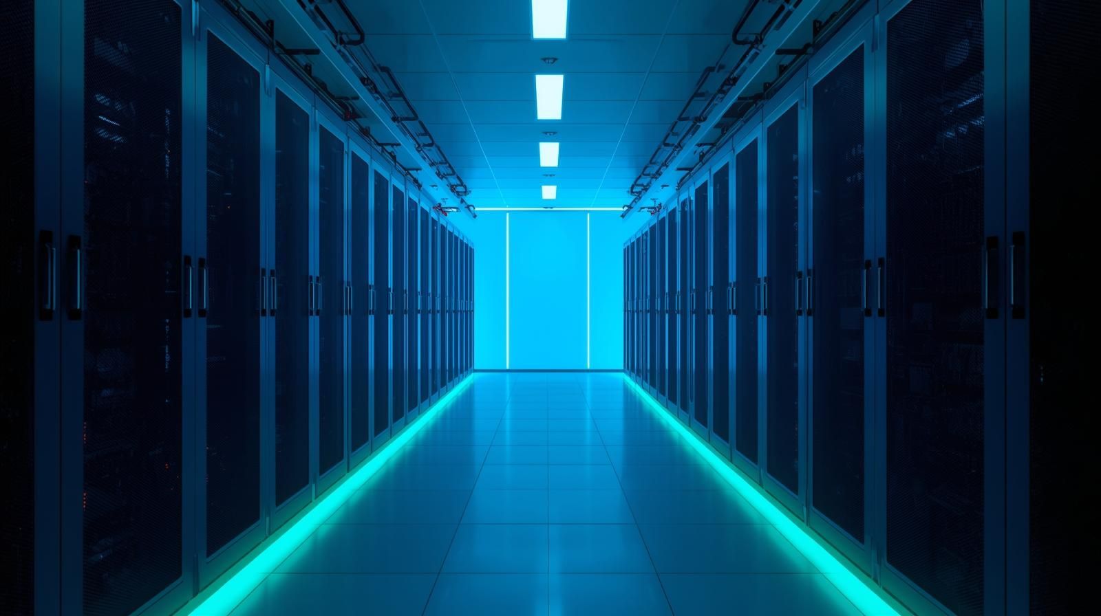 Data center corridor with bright neon lighting