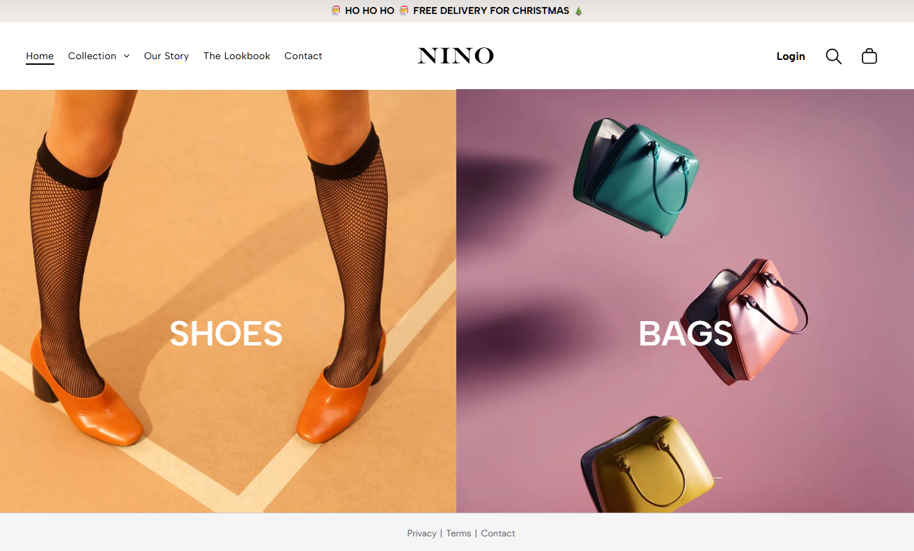 Shoes and bags are featured on the website’s homepage. Shoes are displayed on the left and bags on the right.