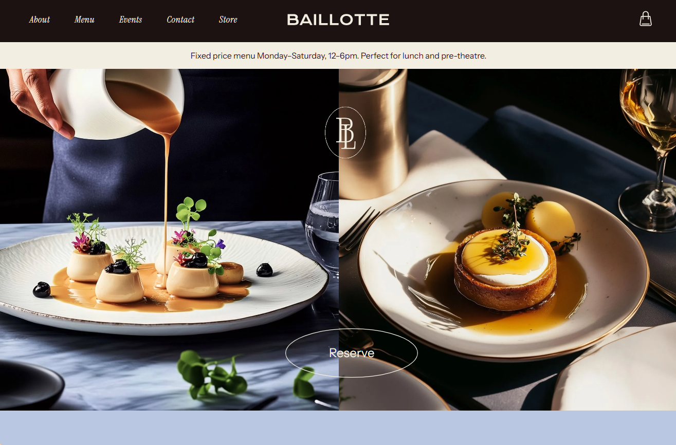 Two gourmet dishes: sauce being poured on dessert, and a savory pie with poached egg.