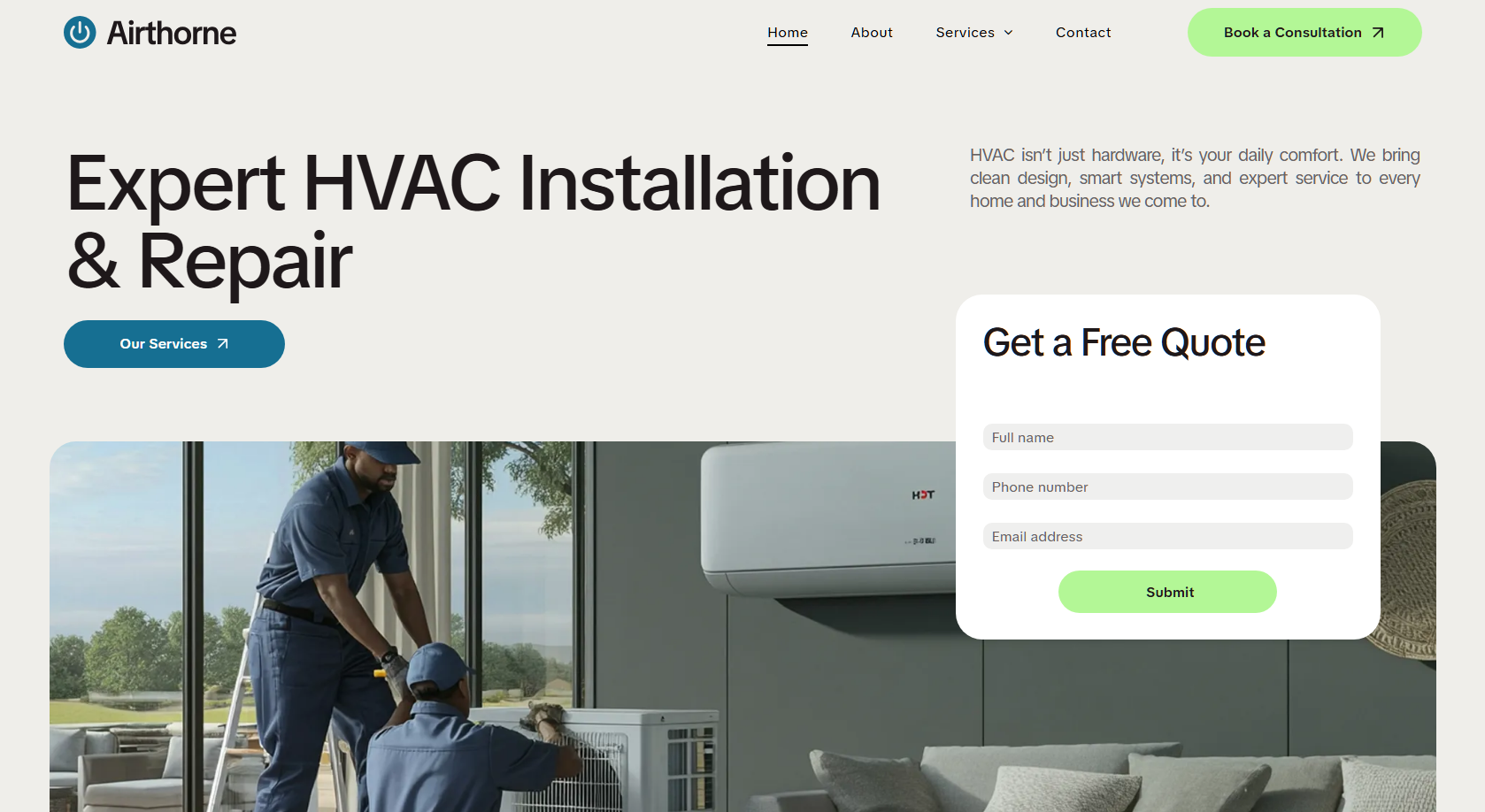 Website homepage: HVAC technicians installing an AC unit.