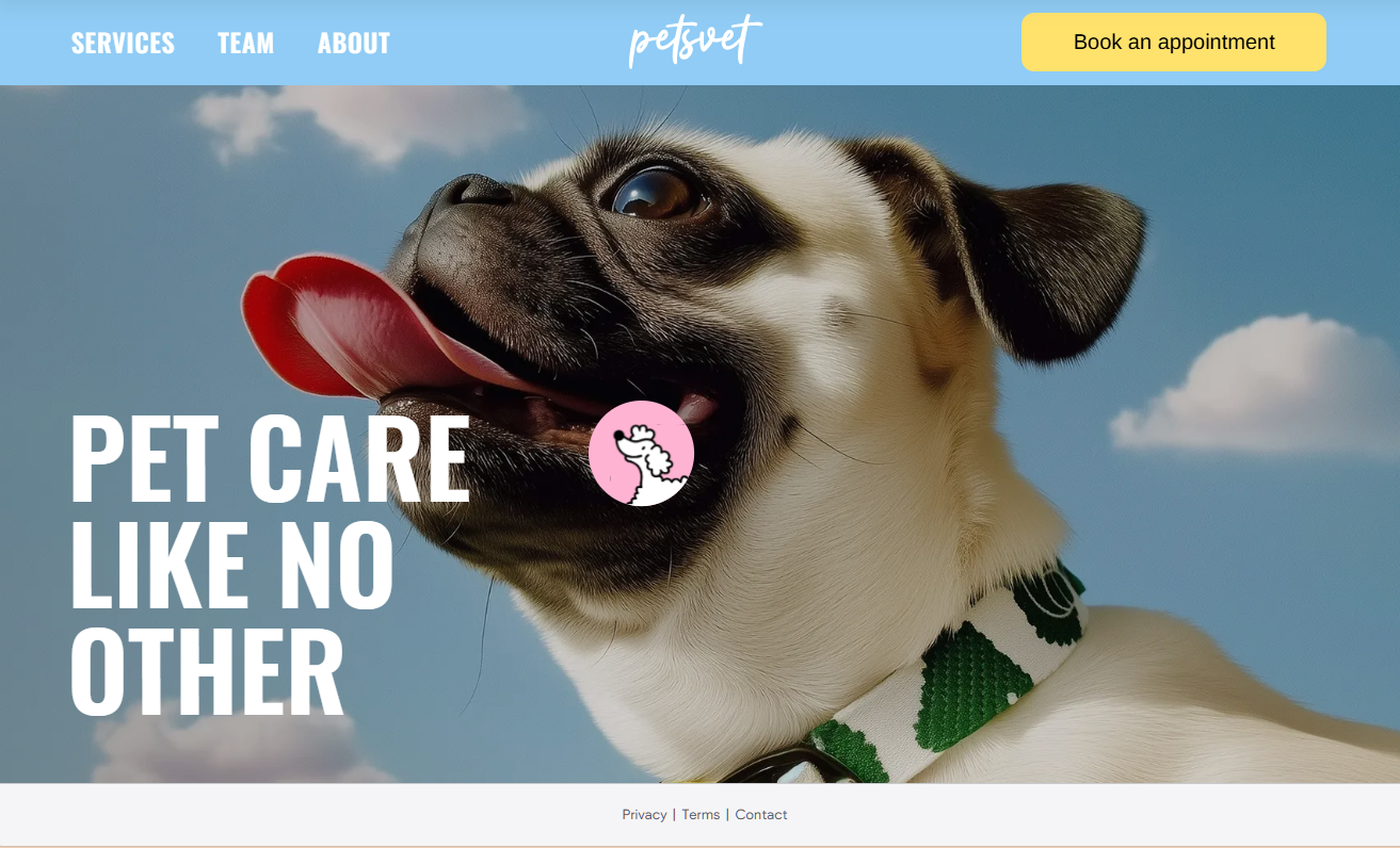 Pug with tongue out, logo, text