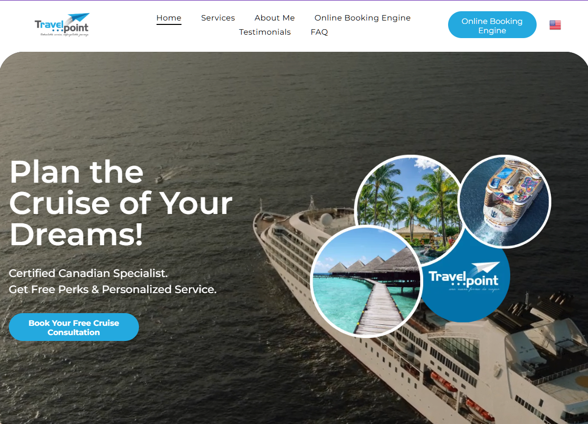 TravelPoint website: Cruise ship, vacation destinations, and call to action.