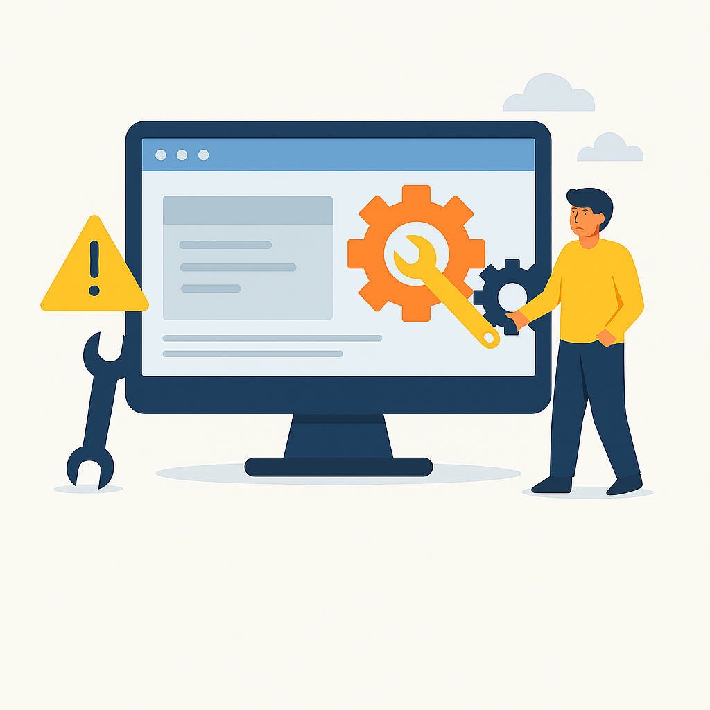 Man with computer, wrench, gear icon, and warning sign, likely indicating software maintenance or an error.