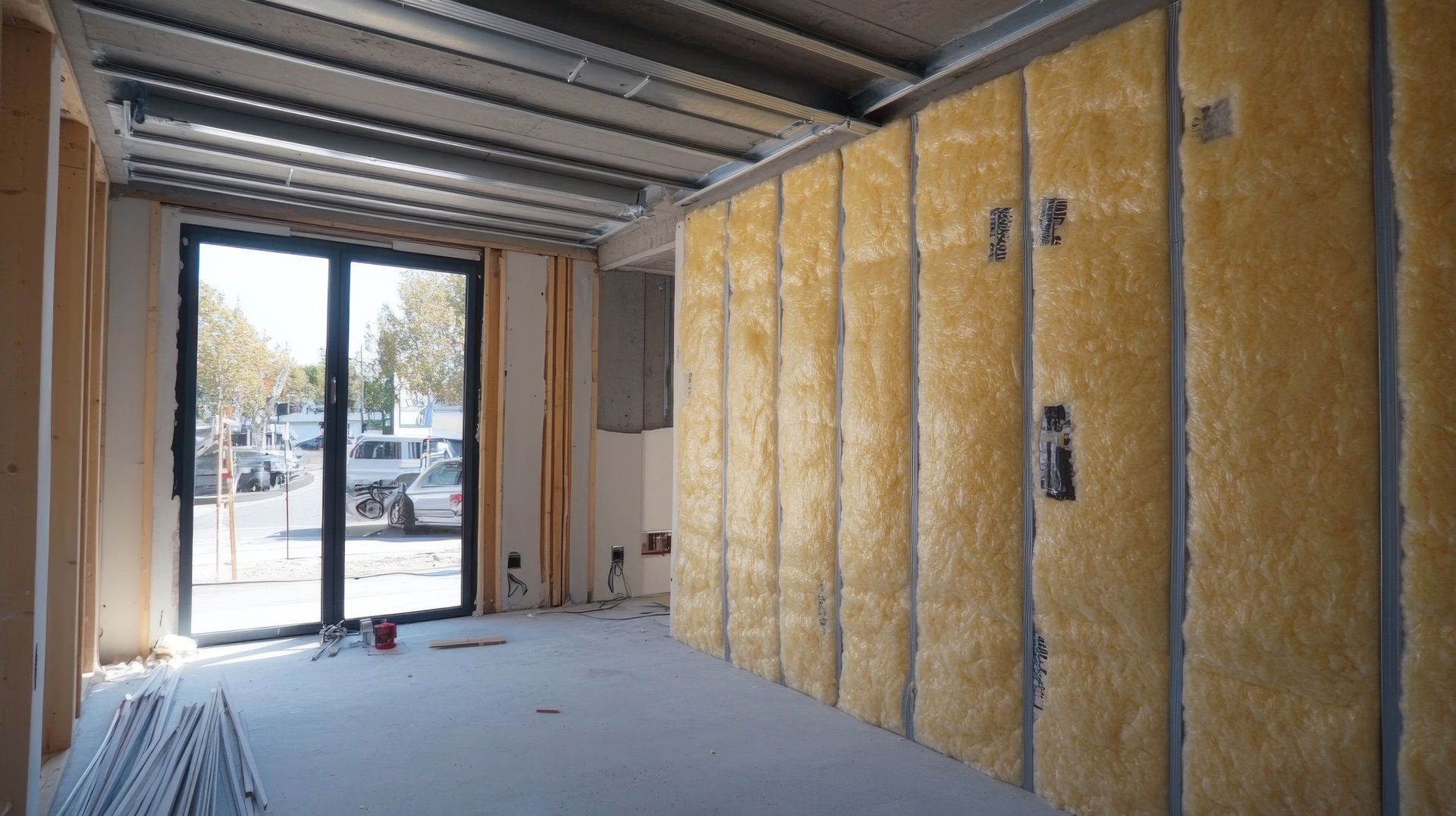 Interior of a room under construction with insulation in the walls. Large glass door and concrete floor.
