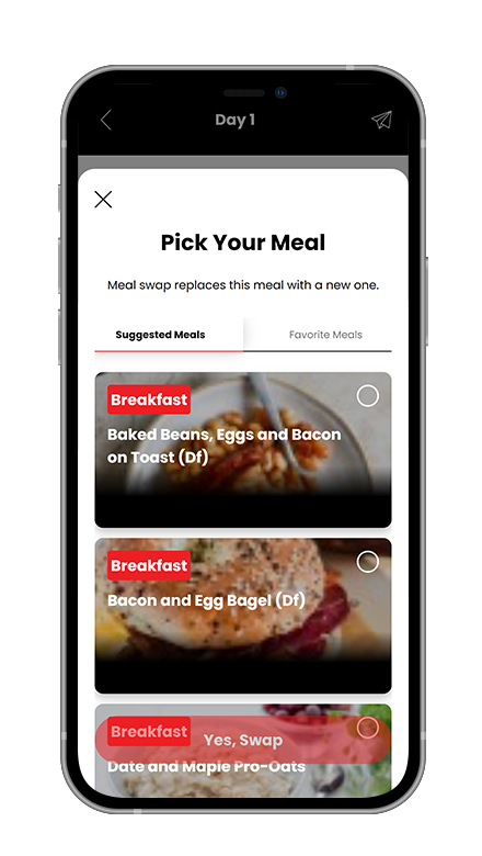 A cell phone with a screenshot of a pick your meal app.