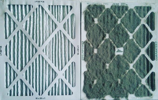 A picture of a dirty filter and a clean filter.
