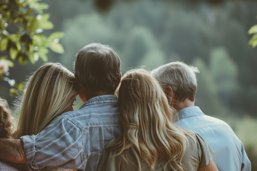 A group of people are hugging each other in a park.