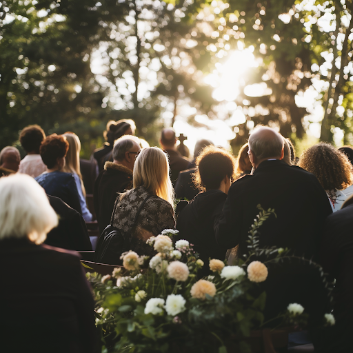 A large group of people are sitting in a row at a wedding ceremony.