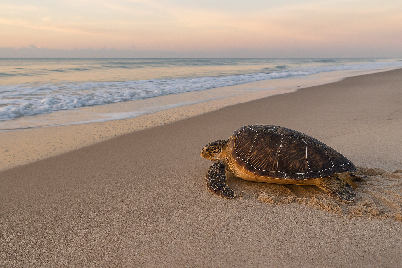 Loggerhead sea turtle on Amelia Island beach at sunrise with ocean waves and sandy shoreline, symbol