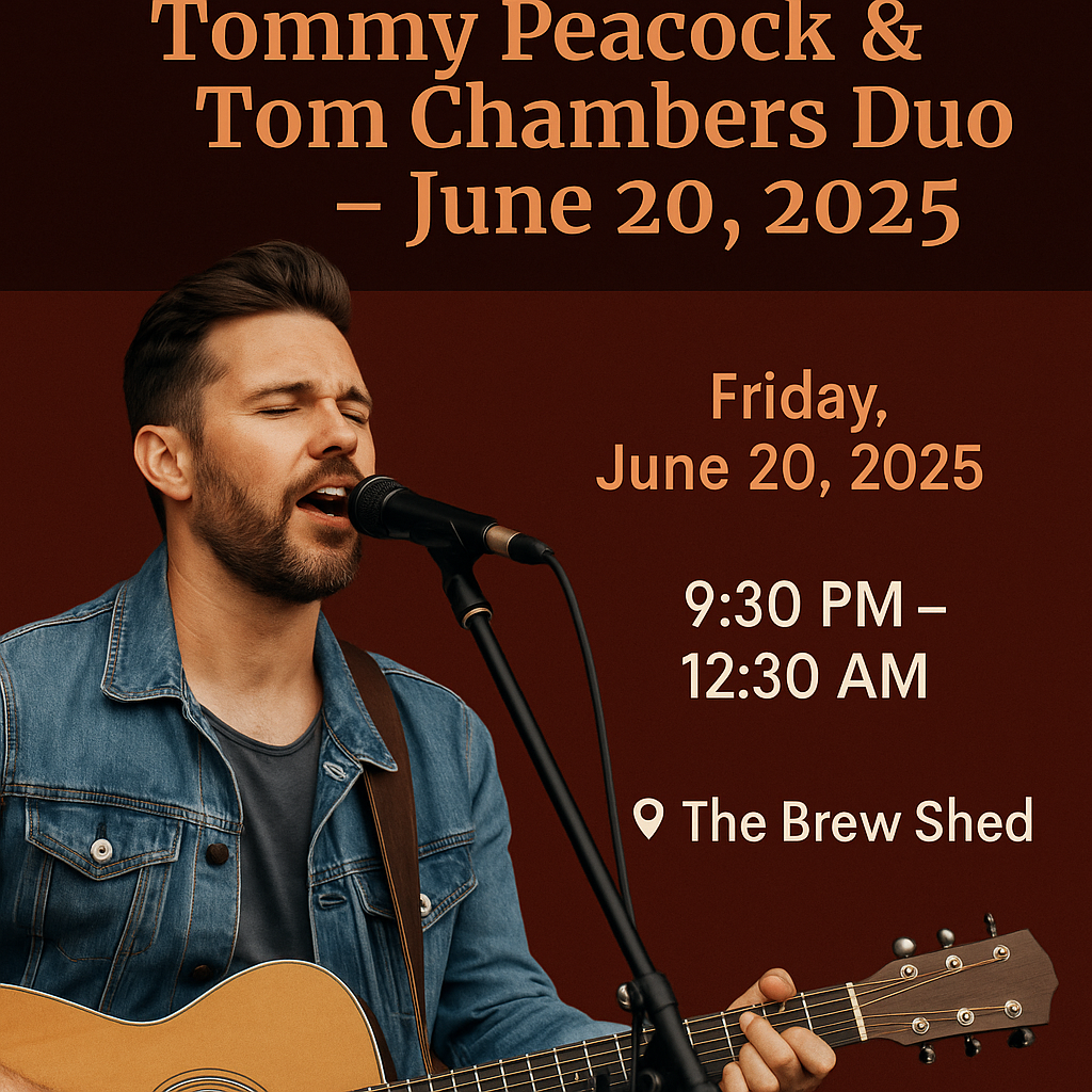 Promotional image of Tommy Peacock performing with guitar and microphone, advertising a live music event in Fernandina Beach on June 20, 2025.